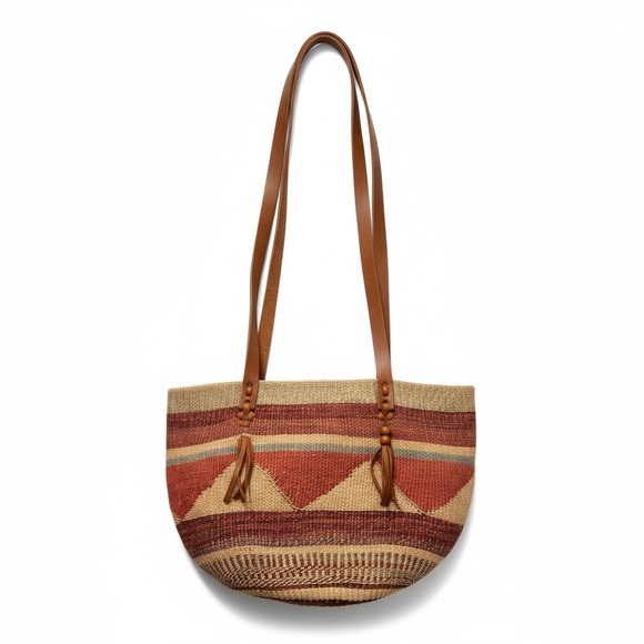 Vintage Handbags - Vintage Raffia Woven Shoulder Bag Boho Beach Bucket Leather Strap Large Brown